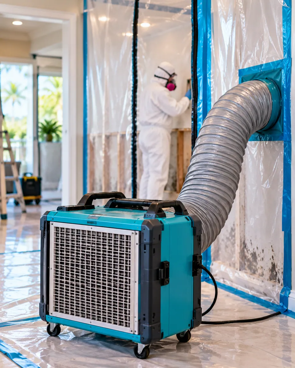 HEPA air scrubber and containment during mold remediation in Lake Clarke Shores