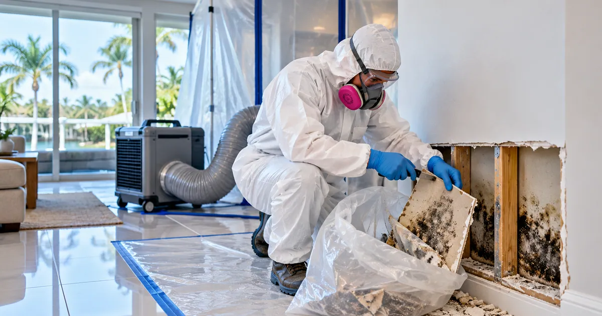 Lakeside Mold Removal in Lake Clarke Shores, FL — technician removing mold under containment